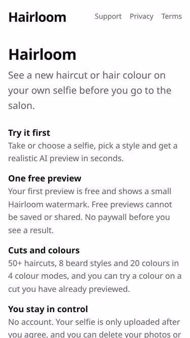 Screenshot of hairloom.app