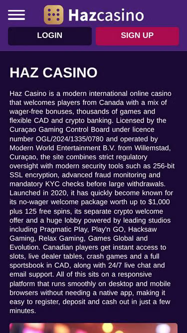 Screenshot of hazcasino.ca