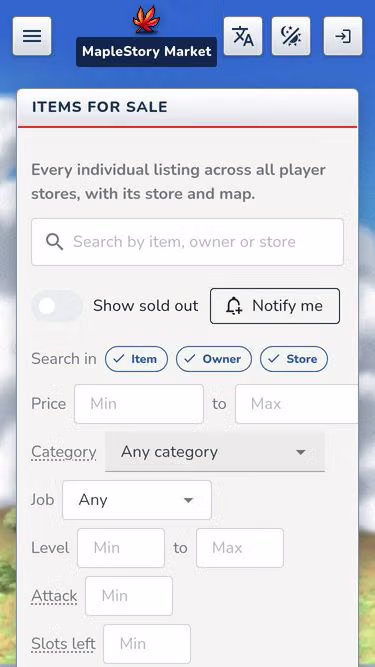Screenshot of maplestory.market