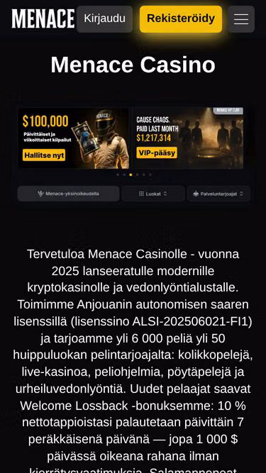 Screenshot of menacecasino.fi