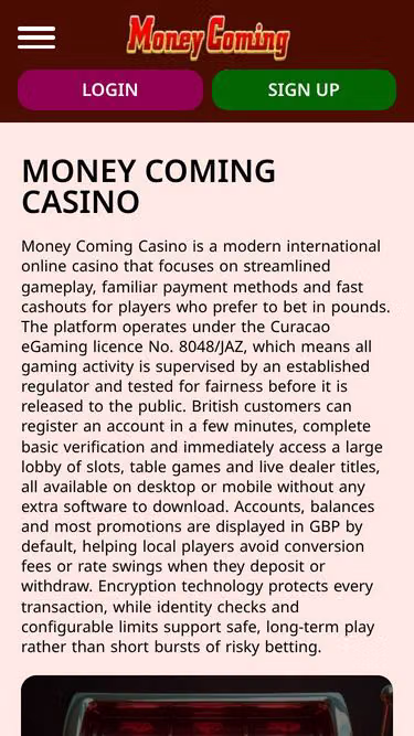 Screenshot of moneycoming.casino