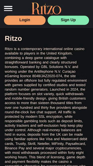 Screenshot of ritzocasino.bet
