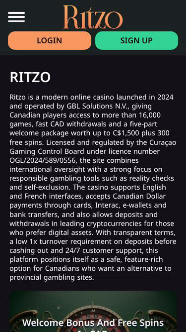 Screenshot of ritzocasino.ca