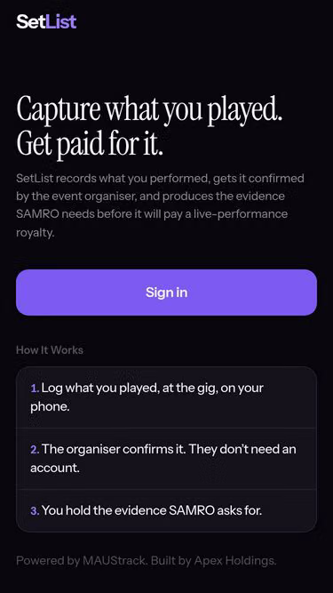 Screenshot of setlist.co.za