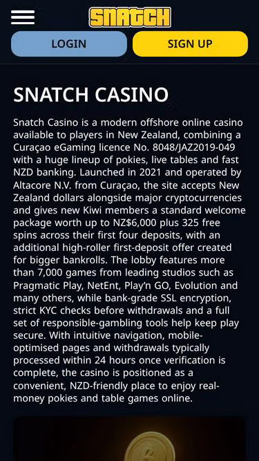 Screenshot of snatchcasino.co.nz